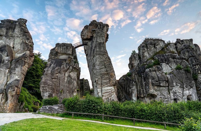 The Externsteine, a sandstone rock formation, in the Teutoburg Forest, near Horn-Bad Meinberg, Lippe district, North Rhine-Westphalia, Germany, Europe
