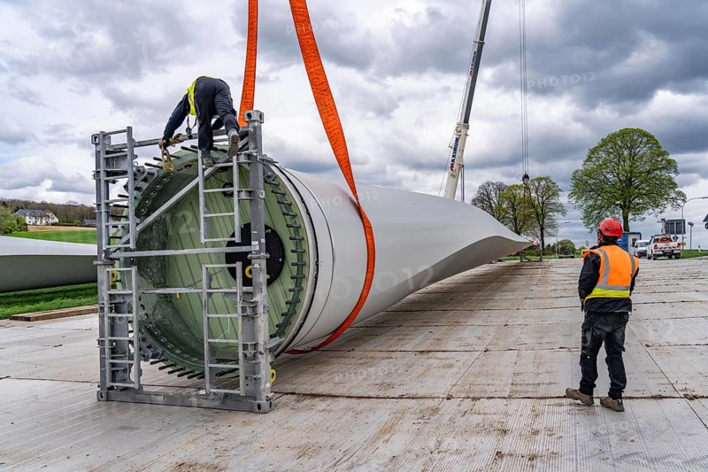 Preparation for the transport of a 68 metre long blade, a wind turbine, with a self-propelled Blade-Lifter vehicle, over a 40 km long route in the Bergisches Land, through towns, villages, over country roads, narrow through roads, to the construction site of the wind turbine near Hagen, North Rhine-Westphalia, Germany, Europe