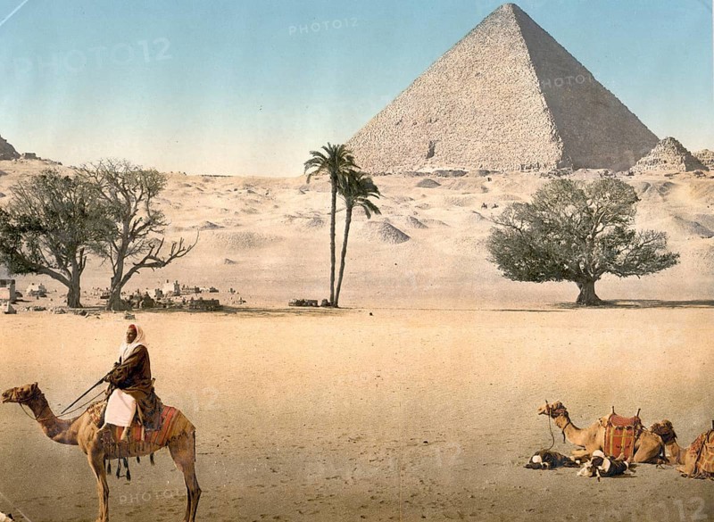 Bedouins resting in front of the Great Pyramid, Egypt, Historical, digitally restored reproduction from a 19th century original, Record date not stated, Africa