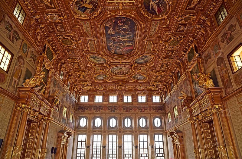 Europe, Germany, Bavaria, Swabia, Augsburg, Rathausmarkt, Town Hall, Renaissance, built 1615 to 1620, Golden Hall, view to the ceiling, Europe