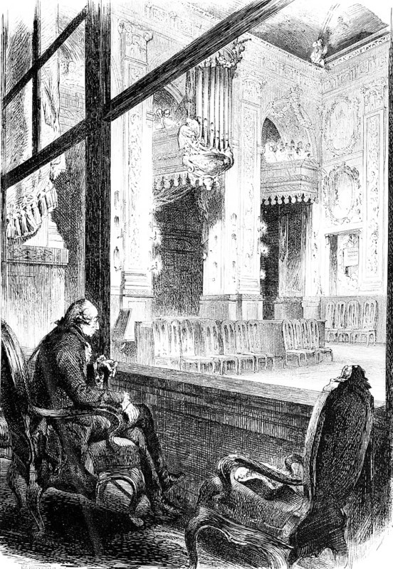 King Frederick II in the chapel of Charlottenburg Palace, interior, age, armchair, organ, organ pipes, tranquillity, lost in thought, Prussia, Germany, historical illustration 1882, Europe