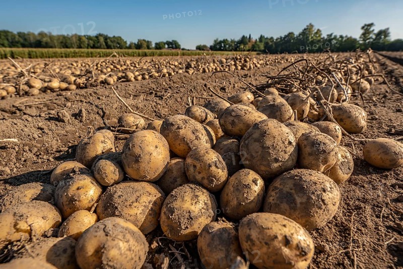 Potato harvest, Melodie variety, so-called split harvesting method, first the tubers are taken out of the ground with a row planter, then, after a short drying phase, collected and loaded with a bunker harvester, North Rhine-Westphalia, Germany, Europe