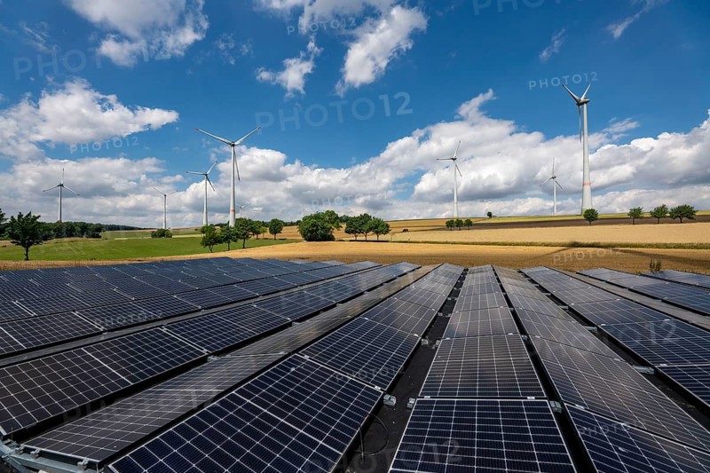 Wind farm near Lichtenau, Ostwestfalen-Lippe, a 100 kW solar power system was installed on the crane installation area in front of a wind turbine, as a trial, so the unused former construction site areas could be used for PV systems, North Rhine-Westphalia, Germany, Europe