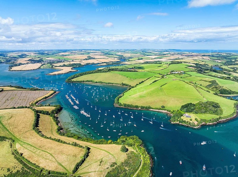 Salcombe and Mill Bay over Kingsbridge Estuary from a drone, Batson Creek, Southpool Creek, Devon, England, United Kingdom, Europe