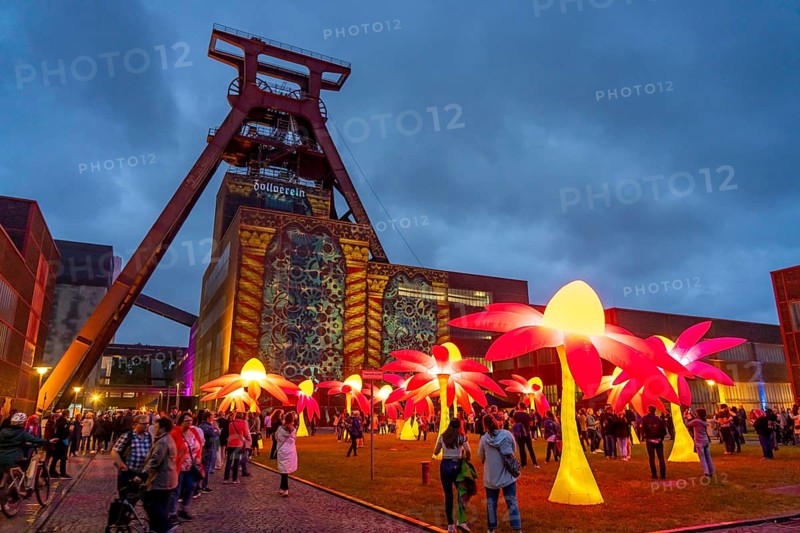 Extraschicht, the long night of industrial culture, cultural festival across the Ruhr region, 35 venues in 19 cities, here Illuminating flowers at the Zeche Zollverein in Essen, Doppelbock pithead winding tower shaft 12, North Rhine-Westphalia, Germany, Europe