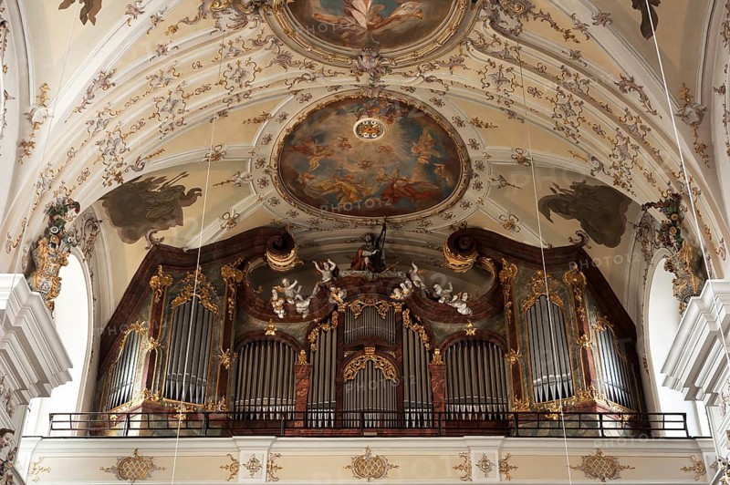Organ loft of the baroque church of St Andrew, St Mang, 1697-1717, Stadtamhof, Regensburg, Upper Palatinate, Bavaria, Germany, Europe