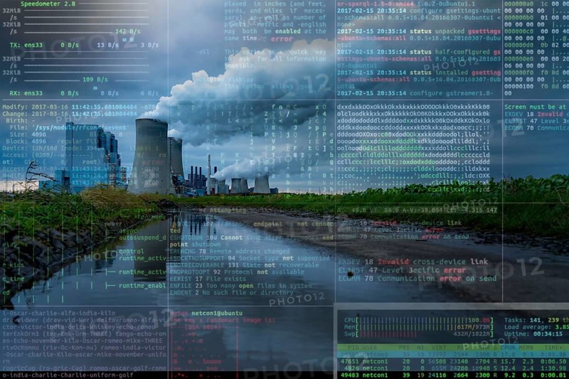 Symbolic image Critical infrastructure, blackout risk, cyberterrorism, Neurath lignite-fired power plant, power plant units A, E, cooling towers, city of Grevenbroich, North Rhine-Westphalia, Germany, Europe