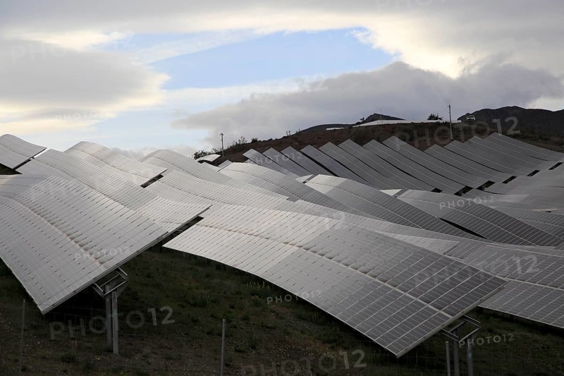 Array of solar panels on a grey overcast day, Sierra Alhamilla, near Nijar, Almeria, Spain, Europe