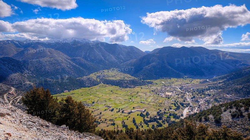 Mountainous landscape with serpentines, meadows and settlements, partially shaded, Askifou plateau, Askifou, Sfakia, West Crete, Crete, Greece, Europe