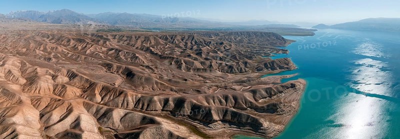 Barren landscape, aerial view, erosion landscape with canyons on the Naryn River, Toktogul Reservoir, Kyrgyzstan, Asia