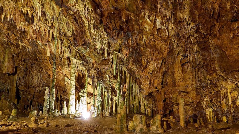 Wide cave hall with illuminated stalactites and stalagmites, stalactite cave, Diros Cave, Glyafada Cave, Vlychada Cave, Mani, Peloponnese, Greece, Europe