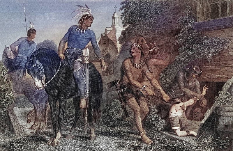 Miss Jane McCrea abducted by the Indians 1777, After a 19th century print by J Rogers after E H Corbould, Historical, digitally restored reproduction from a 19th century original, Record date not stated