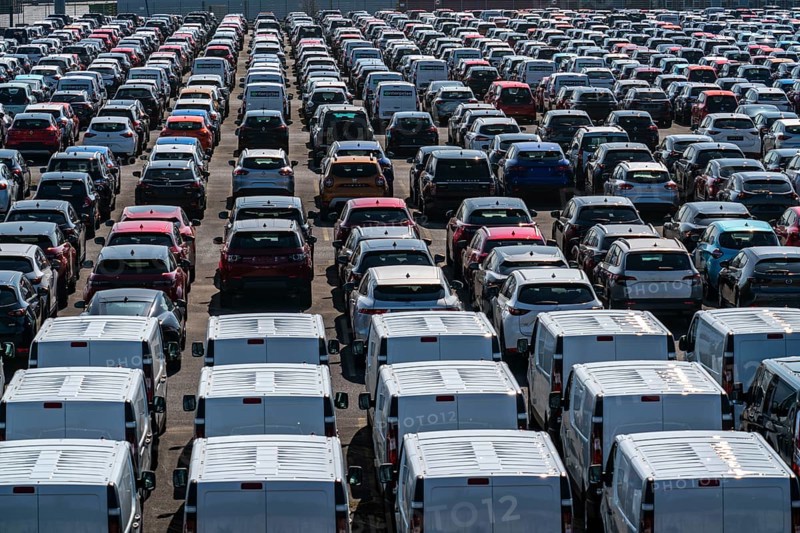Car terminal in the Logport I inland port, in Duisburg on the Rhine, vehicle handling of new cars, storage area, North Rhine-Westphalia, Germany, Europe