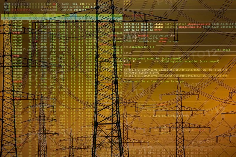 Symbolic image Critical infrastructure, blackout risk, cyberterrorism, extra-high-voltage lines, 380 KV, power line, the electricity comes from the Rhenish lignite mining area, at the Neurath power plant, near Grevenbroich, Germany, Europe