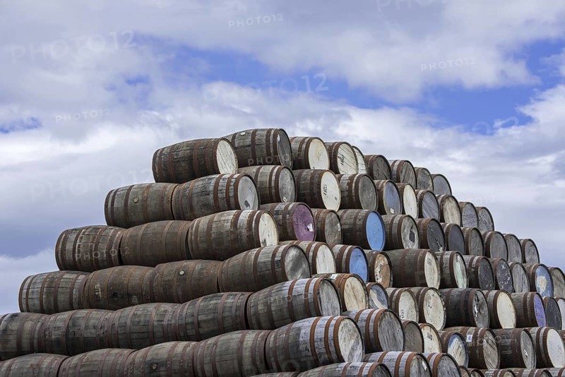 Huge stacks of discarded whisky casks, barrels at Speyside Cooperage, Craigellachie, Aberlour, Banffshire, Grampian, Scotland, UK