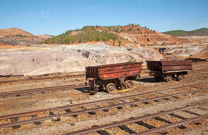 Old rusty abandoned railway rolling stock wagons, Rio Tinto mining area, Minas de Riotinto, Huelva province, Spain, Europe