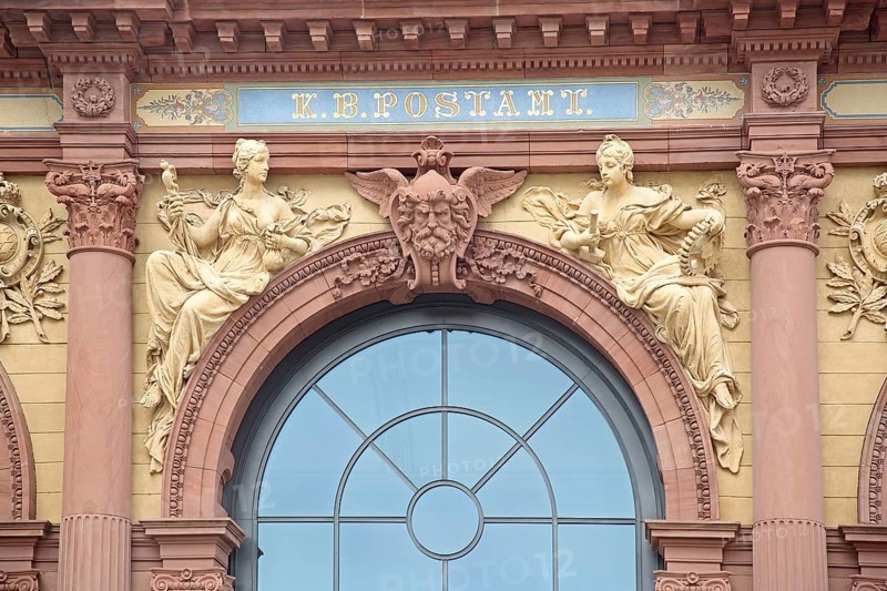 Old post office built in 1893 with decorations and figures, neo-renaissance, columns, glass window, detail, initials, royal, Bavarian, post office, historical, kingdom, Bavaria, Pirmasens, Palatinate Forest, Rhineland-Palatinate, Germany, Europe