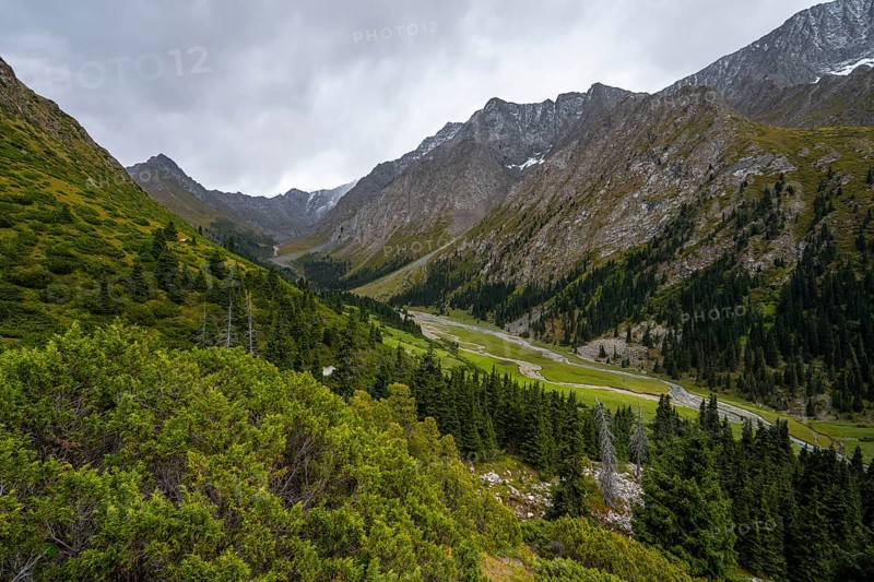 Green mountain valley with river and steep mountain peaks, Chong Kyzyl Suu Valley, Terskey Ala Too, Tien-Shan Mountains, Kyrgyzstan, Asia
