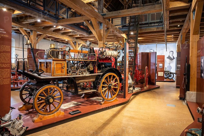 Historic fire engines in the Fire Brigade Museum, Salem Castle, Lake Constance, Lake Constance district, Baden-Württemberg, Germany, Europe