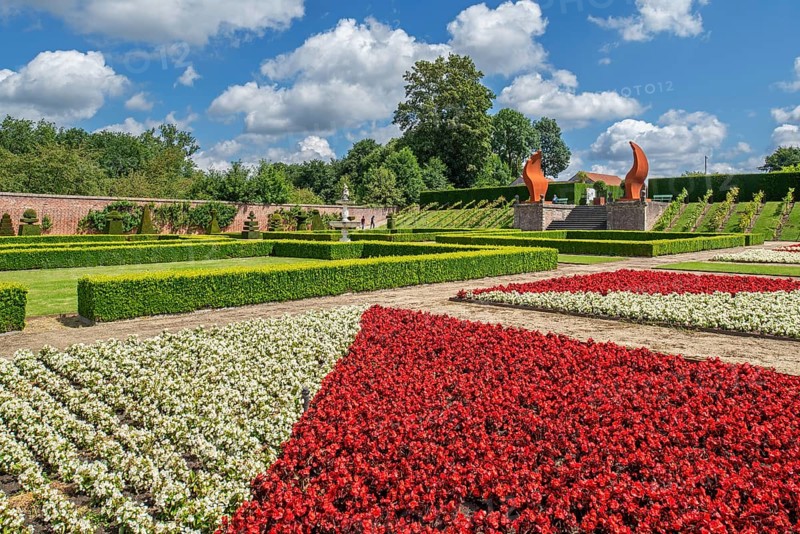Italian-style orangery garden in summer at Kasteel van Gaasbeek, originally 13th century medieval fortified castle, Lennik, Flemish Brabant, Belgium, Europe