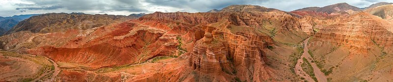 Eroded mountain landscape, canyon with red and orange rock formations, aerial view, Konorchek Canyon, Chuy, Kyrgyzstan, Asia