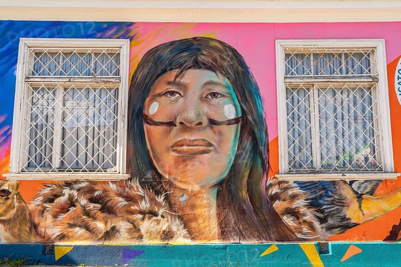 Colourful graffito with the image of an indigenous woman, street art in the city of Punta Arenas, Patagonia, Chile, South America