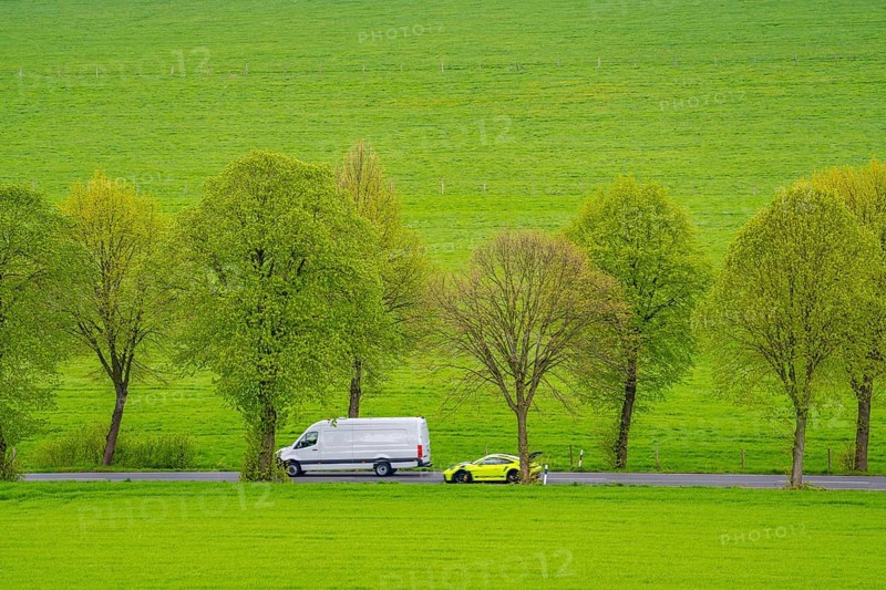 Car on a country road, overtaking manoeuvre, green fields, meadows, trees line the 2-lane road, spring, near Schwelm, North Rhine-Westphalia, Germany, Europe