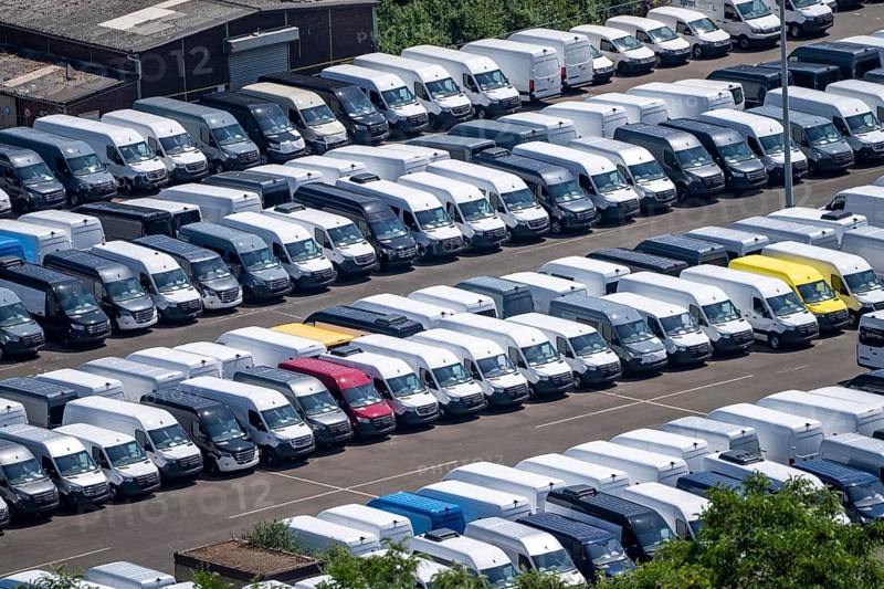Site of the former Prosper Haniel colliery in Bottrop, currently used as a temporary storage facility for new vehicles, cars and vans, North Rhine-Westphalia, Germany, Europe