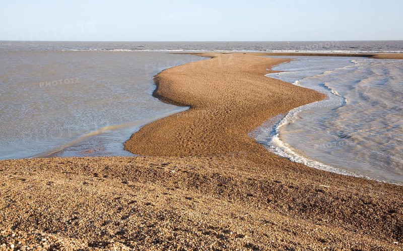 Temporary shingle spit perpendicular to coast formed by strong southerly winds, Shingle Street, Suffolk, England, United Kingdom, Europe
