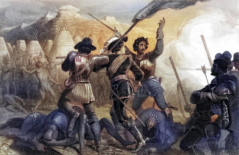 The Pequod War 1637 Connecticut USA, After a nineteenth century engraving by J. C. Armytage after E. H. Corbould, Historical, digitally restored reproduction from a nineteenth century original, Record date not stated