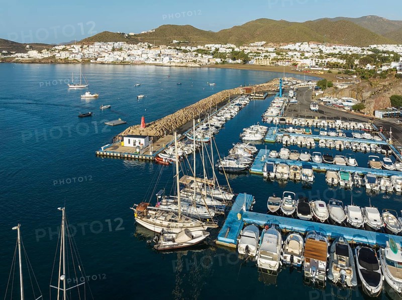 The marina of San José. Aerial view. Drone shot. Nature Reserve Cabo de Gata-Nijar, AlmerÃ­a province, Andalusia, Spain, Europe