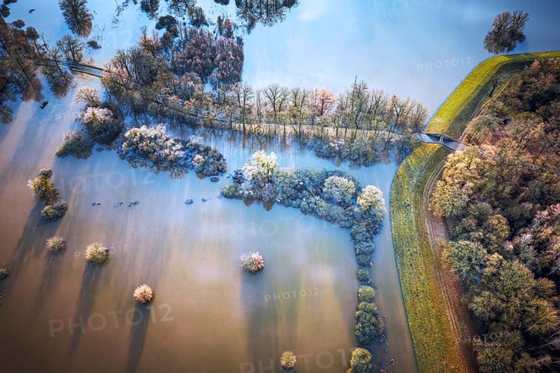 Aerial view, flood, closed roads, closed dike passage, flood protection, flooding, dike protection, dike on the Elbe, flooding, sunrise, biotope, Elbe dike, habitat, Elbe meadows, floodplain landscape, river course, delta, Middle Elbe river landscape, flowing water, sunrise, Middle Elbe biosphere reserve, Saxony-Anhalt, Germany, Europe