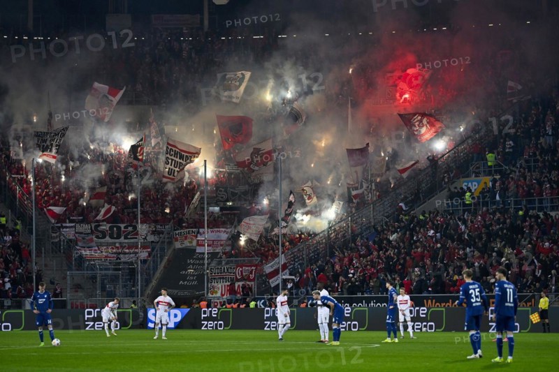 Bengalos, pyrotechnics, pyro, fireworks, fan block VfB Stuttgart, PreZero Arena, Sinsheim, Baden-Württemberg, Germany, Europe