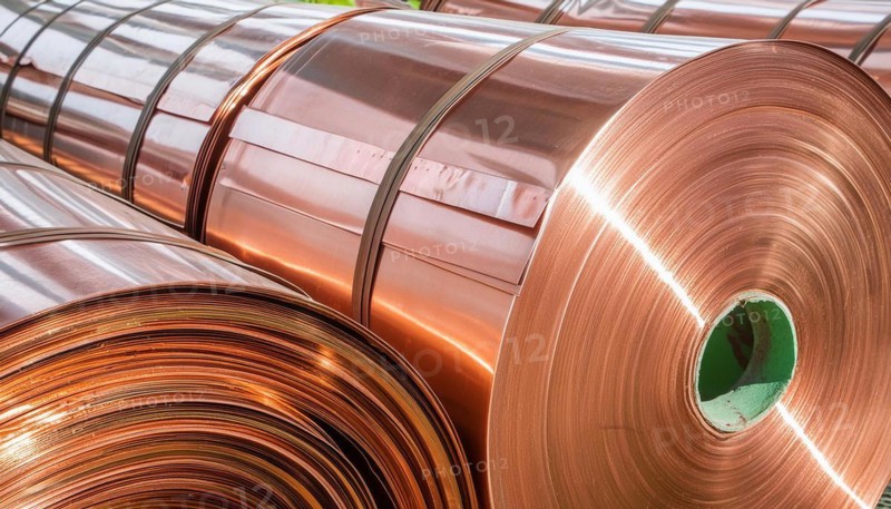 Material, metal, copper, copper sheet on a roll in a production plant