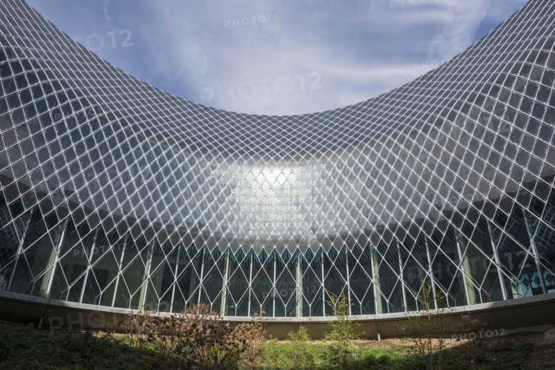 Novartis Pavilion, architecture firm AMDL CIRCLE and architect Michele De Lucchi, Novartis Campus, timber construction, façade with photovoltaics, Basel, Canton of Basel-Stadt, Switzerland, Europe