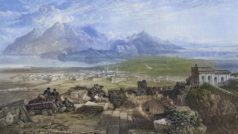 Town and Isthmus of Corinth seen from the Acropolis, engraved by W. Miller after S. Bough from The Imperial Bible Dictionary published by Blackie & Son circa 1880s, Town and Isthmus of Corinth seen from the Acropolis Engraved by W. Bough From The Imperial Bible Dictionary published by Blackie & Son circa 1880s, Historic, digitally restored reproduction from a 19th century original, Record date not stated