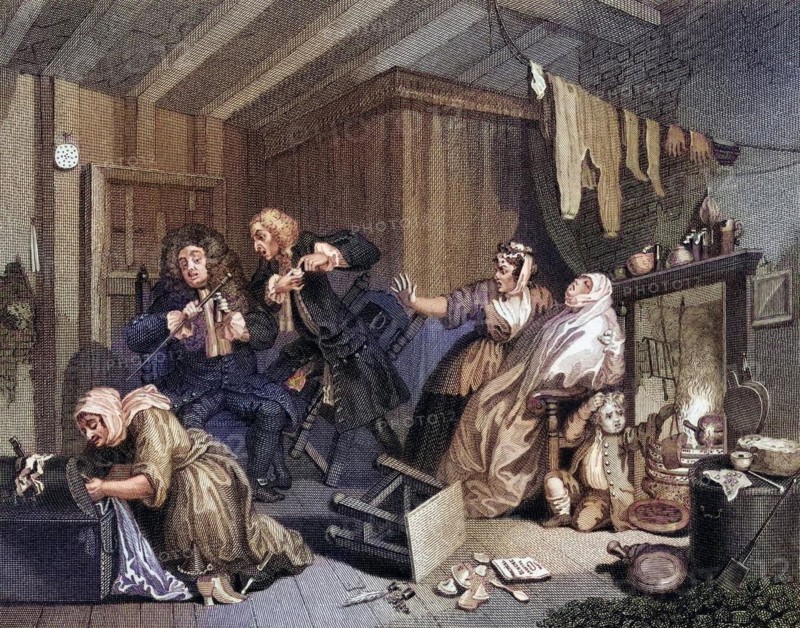 The Harlots Progress Expires while the doctors are disputing From the original picture by Hogarth from The Works of Hogarth published London 1833, Historisch, digital restaurierte Reproduktion von einer Vorlage aus dem 19. Jahrhundert, Record date not stated