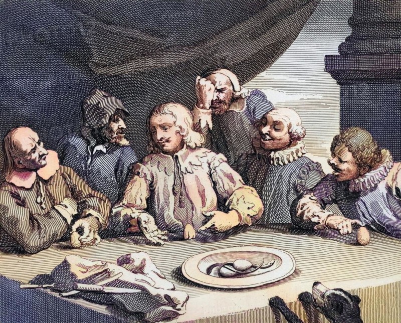 Columbus Breaking the Egg A facsimile of Hogarths own engraving from The Works of Hogarth published London 1833, Historisch, digital restaurierte Reproduktion von einer Vorlage aus dem 19. Jahrhundert, Record date not stated