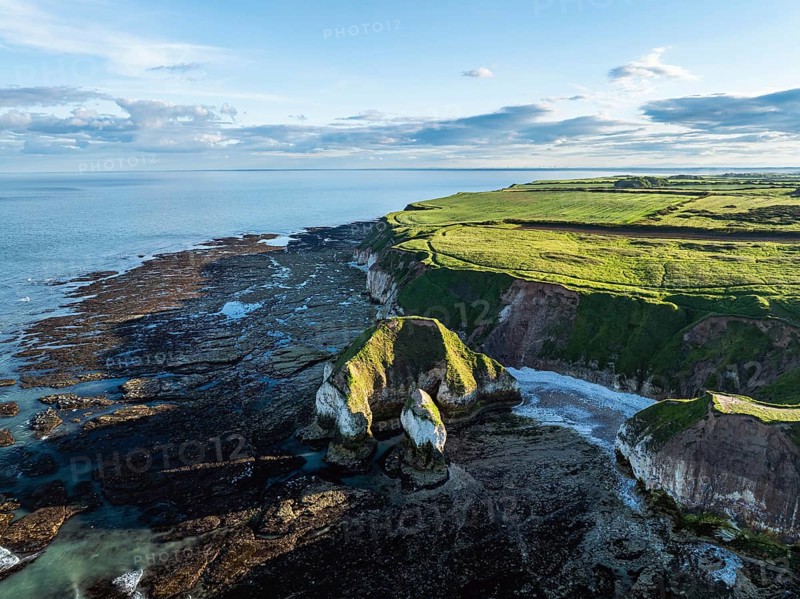 Cliffs over Flamborough Seawatch Observatory from a drone, Flamborough, Yorkshire, England, United Kingdom, Europe