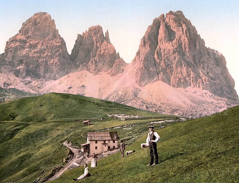 Sella Pass and Langkofl, formerly Tyrol, Austria-Hungary, today South Tyrol, Italy, Historical, digitally restored reproduction from a 19th century original, Record date not stated, Europe