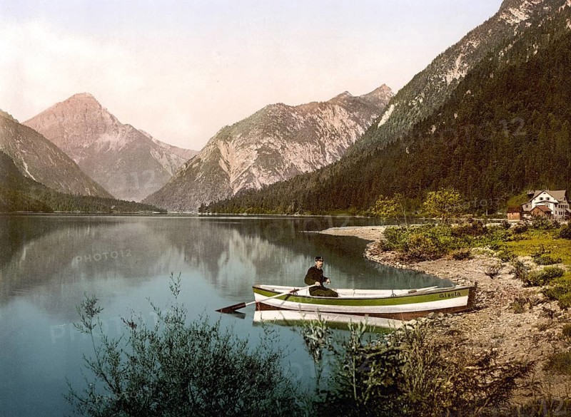 The Plansee, in the district of Reutte, formerly Tyrol, Austria-Hungary, today Austria, Historical, digitally restored reproduction from a 19th century original, Record date not stated