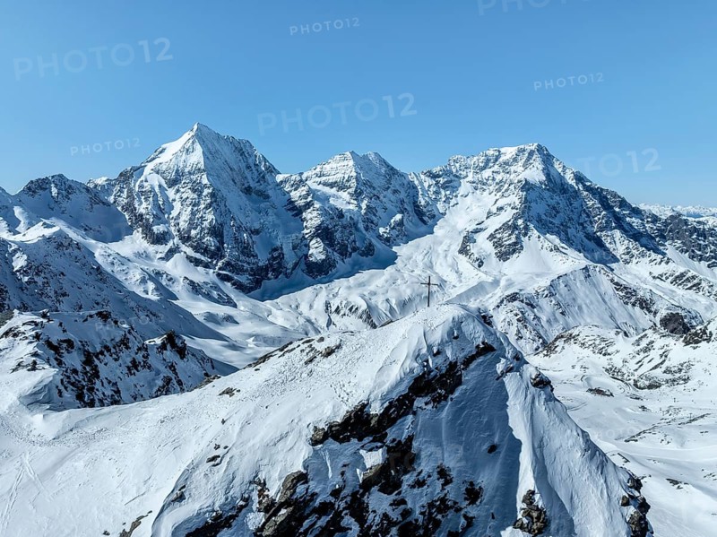 Aerial view, snow-covered mountain landscape, summit of the Madritschspitze in front of Ortler, Monte ZebrÃ¹, Königsspitze in the Ortler group, Trento, Italy, Europe