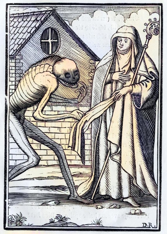 Der Tod kommt zur Äbtissin Aus Der Todten Tanz oder Der Totentanz, Basel 1843, Death comes to the Abbess From Der Todten Tanz or The Dance of Death published Basel 1843, Historic, digitally restored reproduction from a 19th century original, Record date not stated