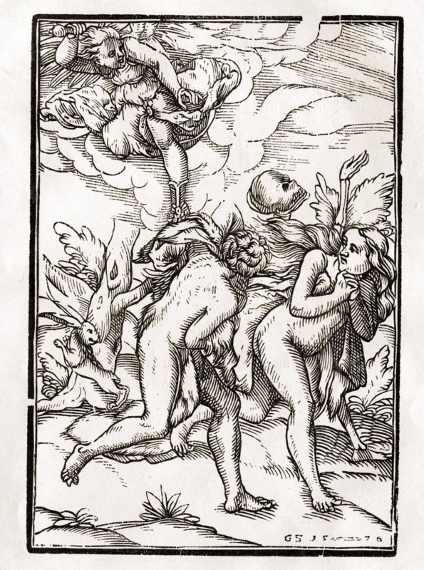 Der Tod kommt für Adam und Eva im Garten Eden Woodcut by Georg Scharffenberg Aus Der Todten Tanz oder Der Tanz des Todes erschienen in Basel 1843, Death comes for Adam and Eve in the Garden of Eden Woodcut by Georg Scharffenberg From Der Todten Tanz or The Dance of Death published Basel 1843, Historic, digitally restored reproduction from a 19th century original, Record date not stated