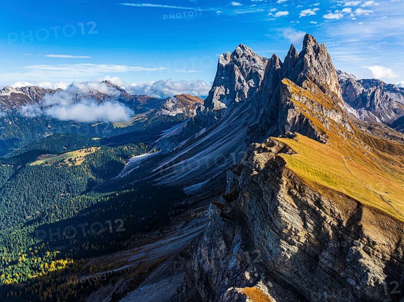 The Sas Rigais and Furchetta peaks of the Odle Group, drone shot, Val Gardena, Dolomites, Autonomous Province of Bolzano, South Tyrol, Italy, Europe