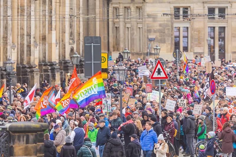 160 organisations and initiatives demonstrated against the right in Dresden on Saturday. Around 10, 000 participants marched from Theaterplatz in front of the Semper Opera House through the city centre, Dresden, Saxony, Germany, Europe