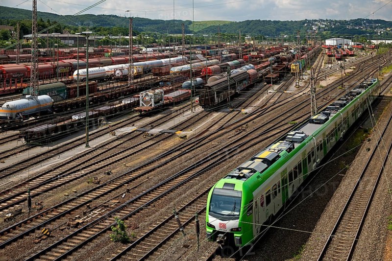 Train formation yard in the Vorhalle district with regional railway, marshalling yard, goods trains, Hagen, Ruhr area, North Rhine-Westphalia, Germany, Europe