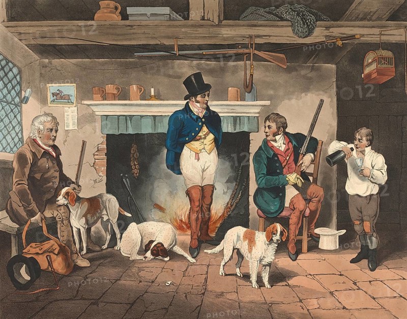 After the hunt, the hunting party with the hounds in a room, Shooting, England, 1822, Historic, digitally restored reproduction from a 19th century original, Record date not stated