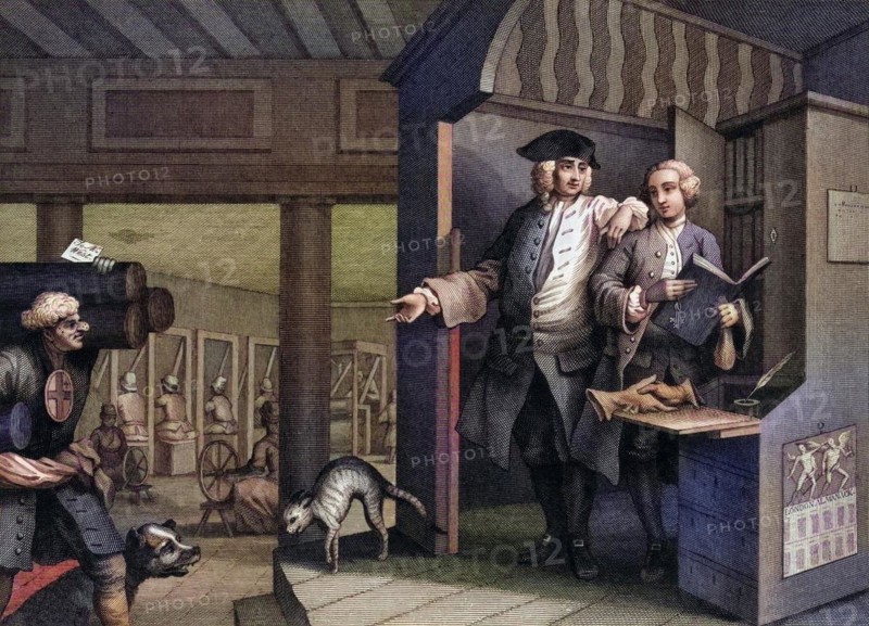 Industry and Idleness The industrious prentice a favourite and entrusted by his master From the original design by Hoagarth from The Works of Hogarth published London 1833, Historisch, digital restaurierte Reproduktion von einer Vorlage aus dem 19. Jahrhundert, Record date not stated