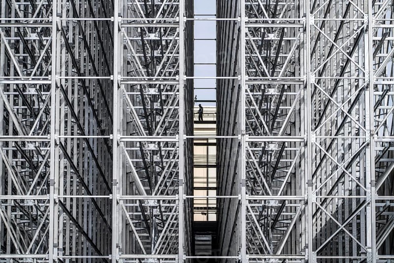 Construction of a high-bay warehouse, storage system for high space utilisation, in steel construction, North Rhine-Westphalia, Germany, Europe